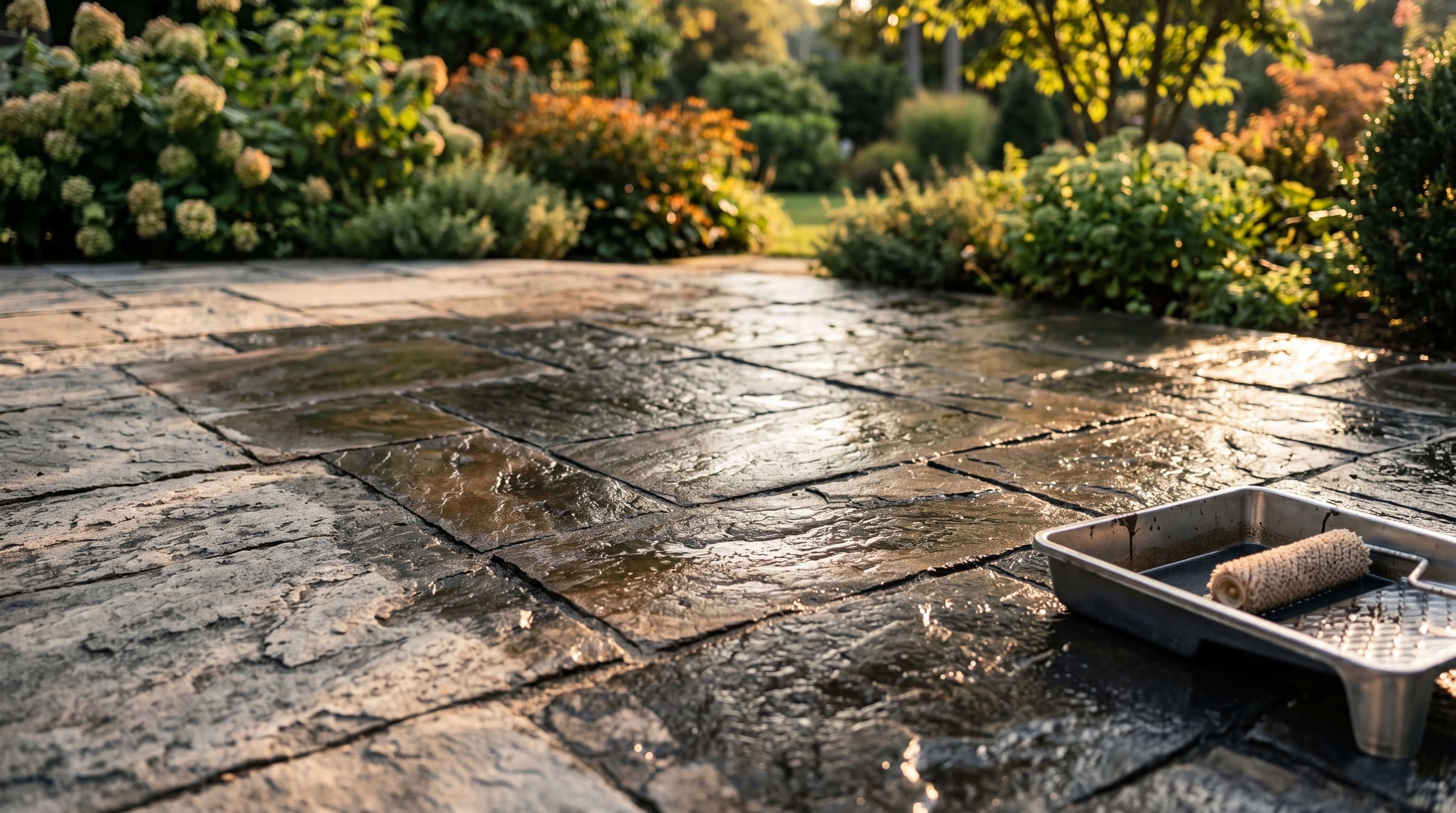 Stone paver patio mid-sealing with rich wet color
