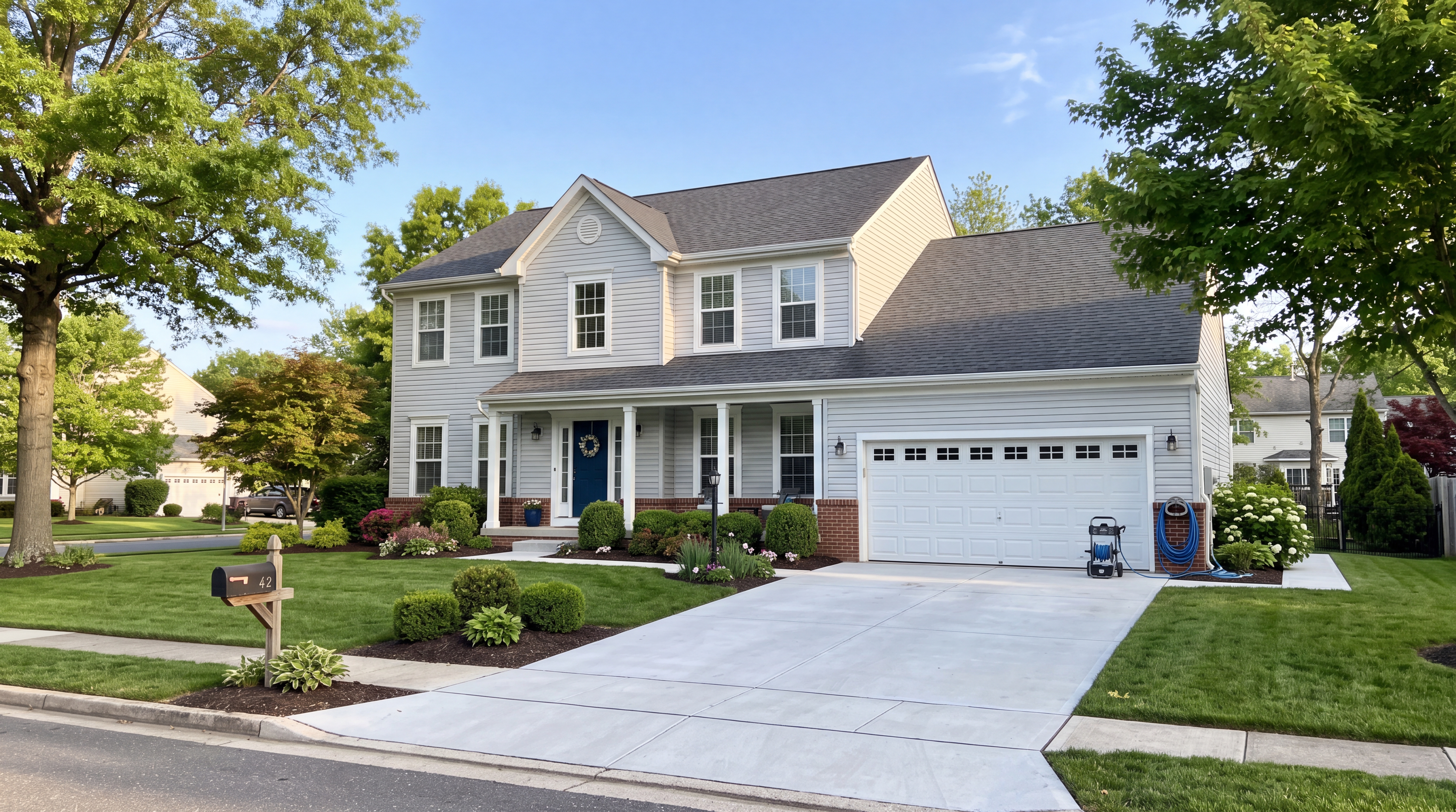 Suburban South Jersey home with a clean driveway and siding on a bright morning