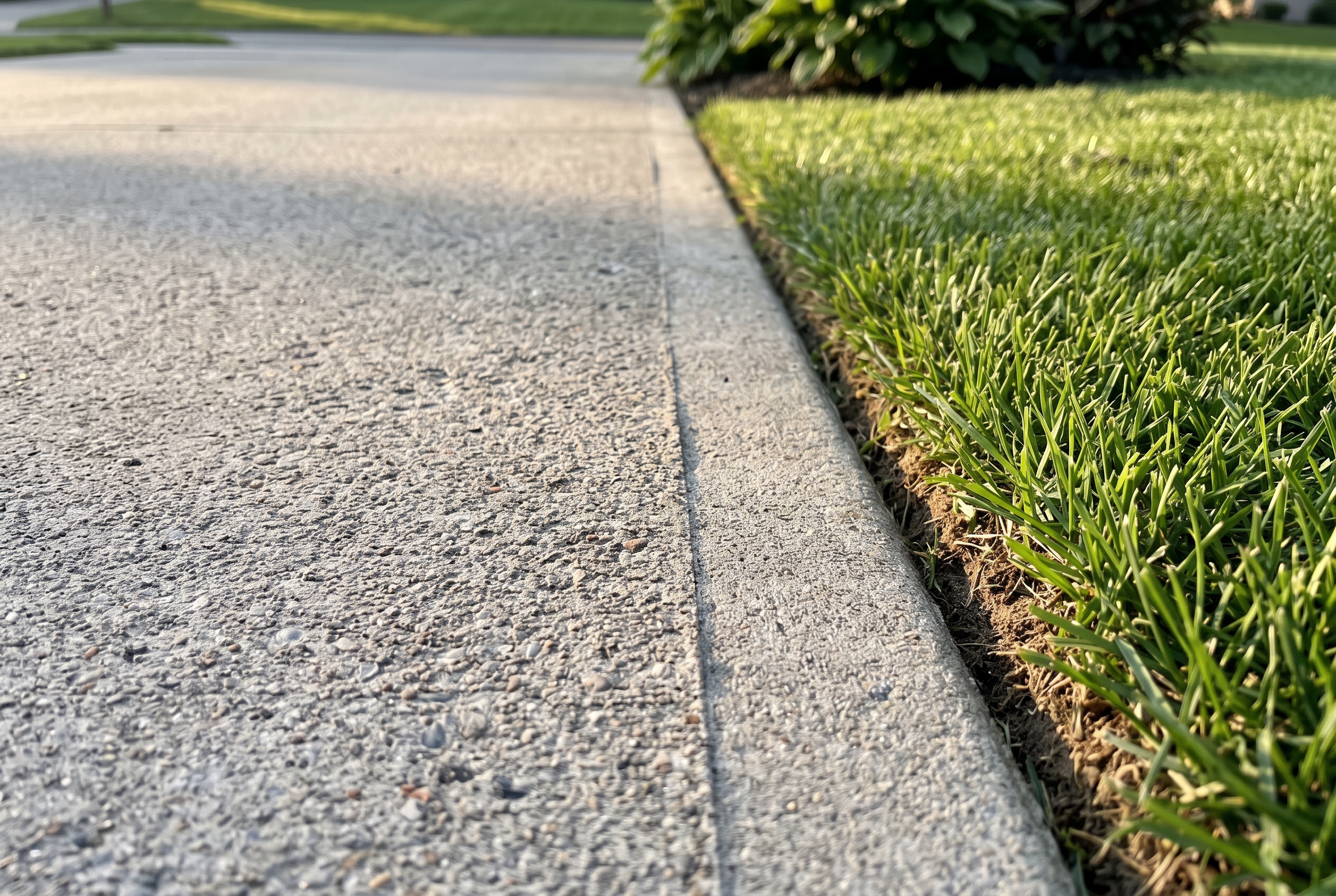 Clean concrete driveway edge meeting a trimmed lawn in South Jersey