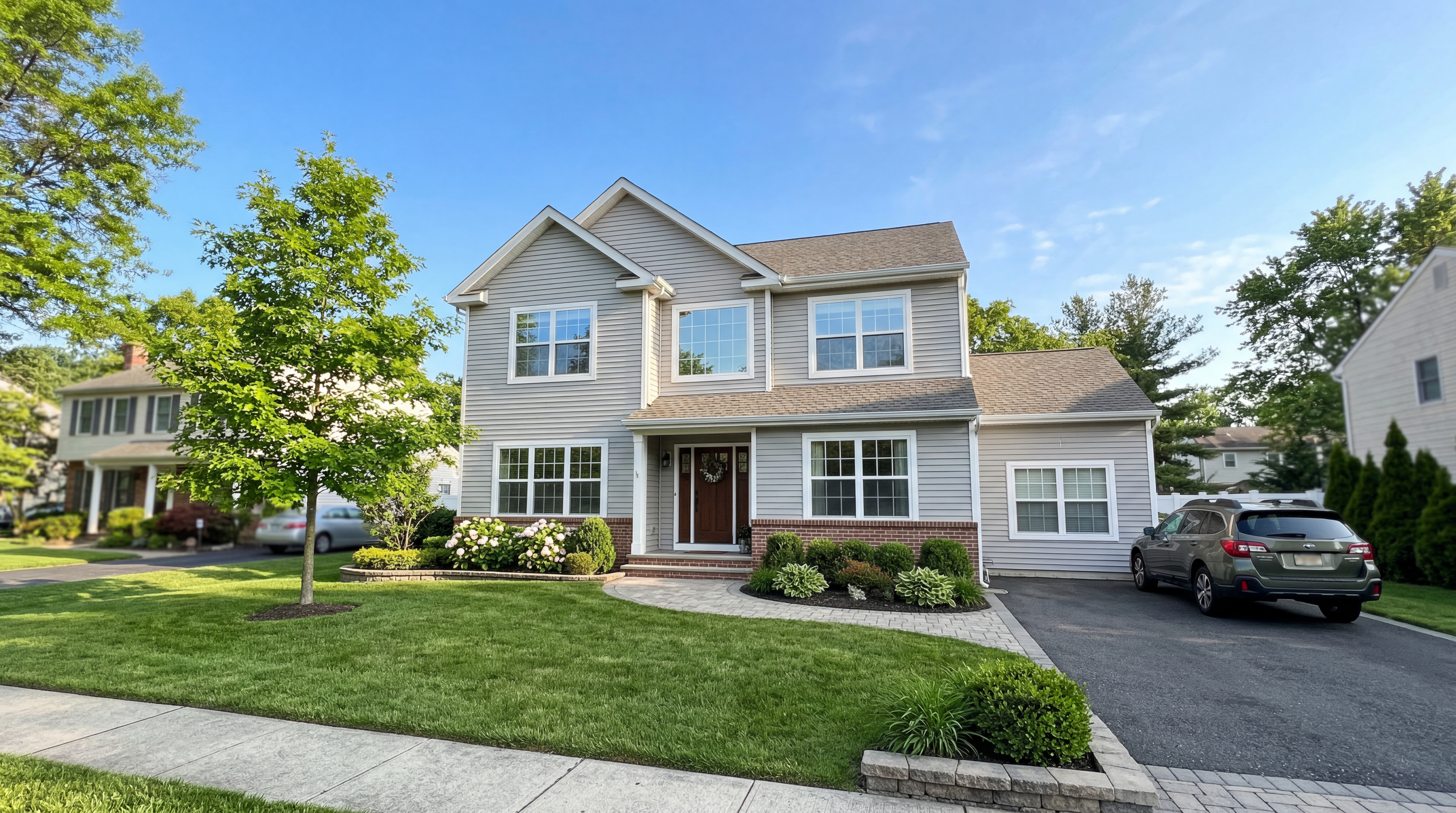 Bright clean windows on a South Jersey home reflecting a sunny front yard
