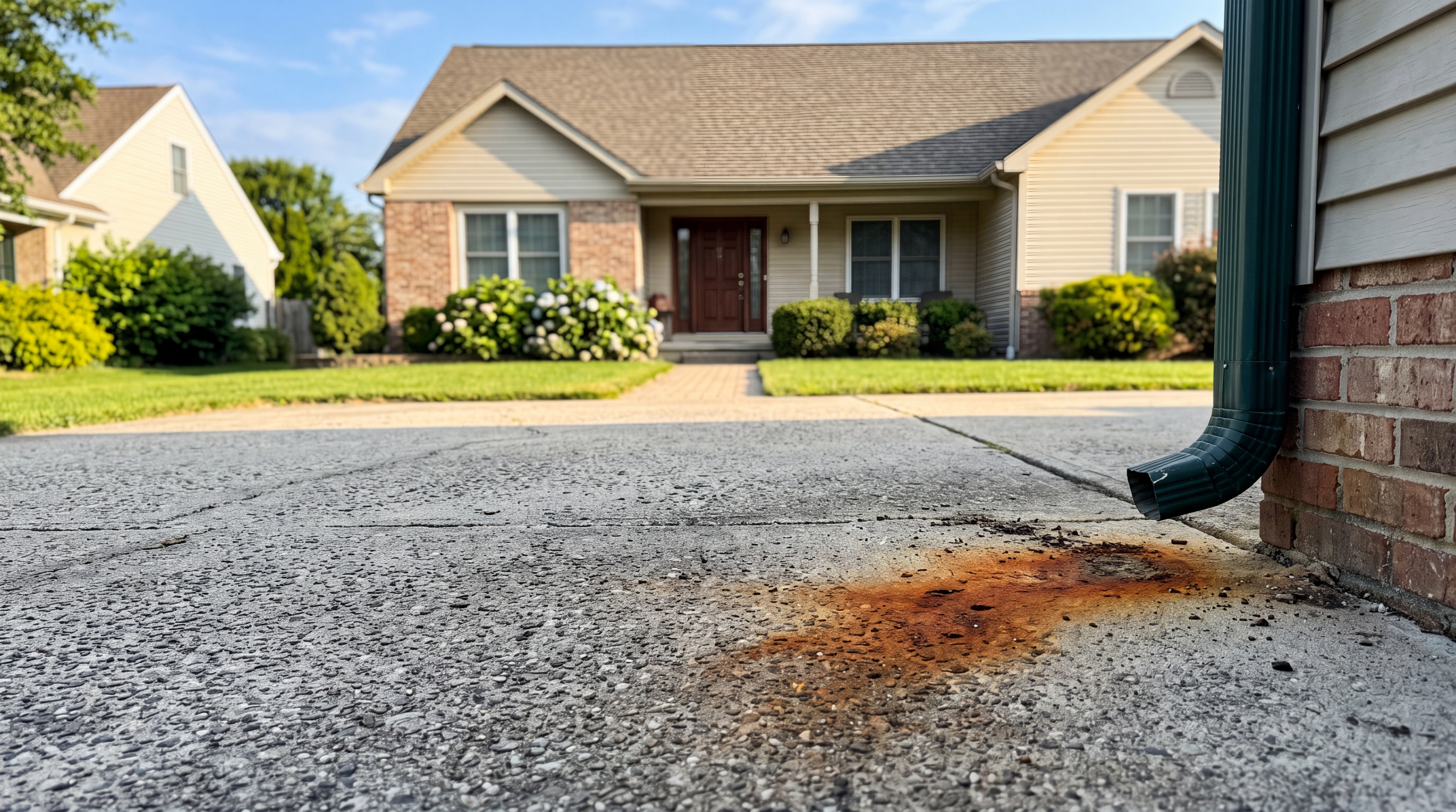 Orange rust stain on a concrete driveway near a downspout in a South Jersey suburb
