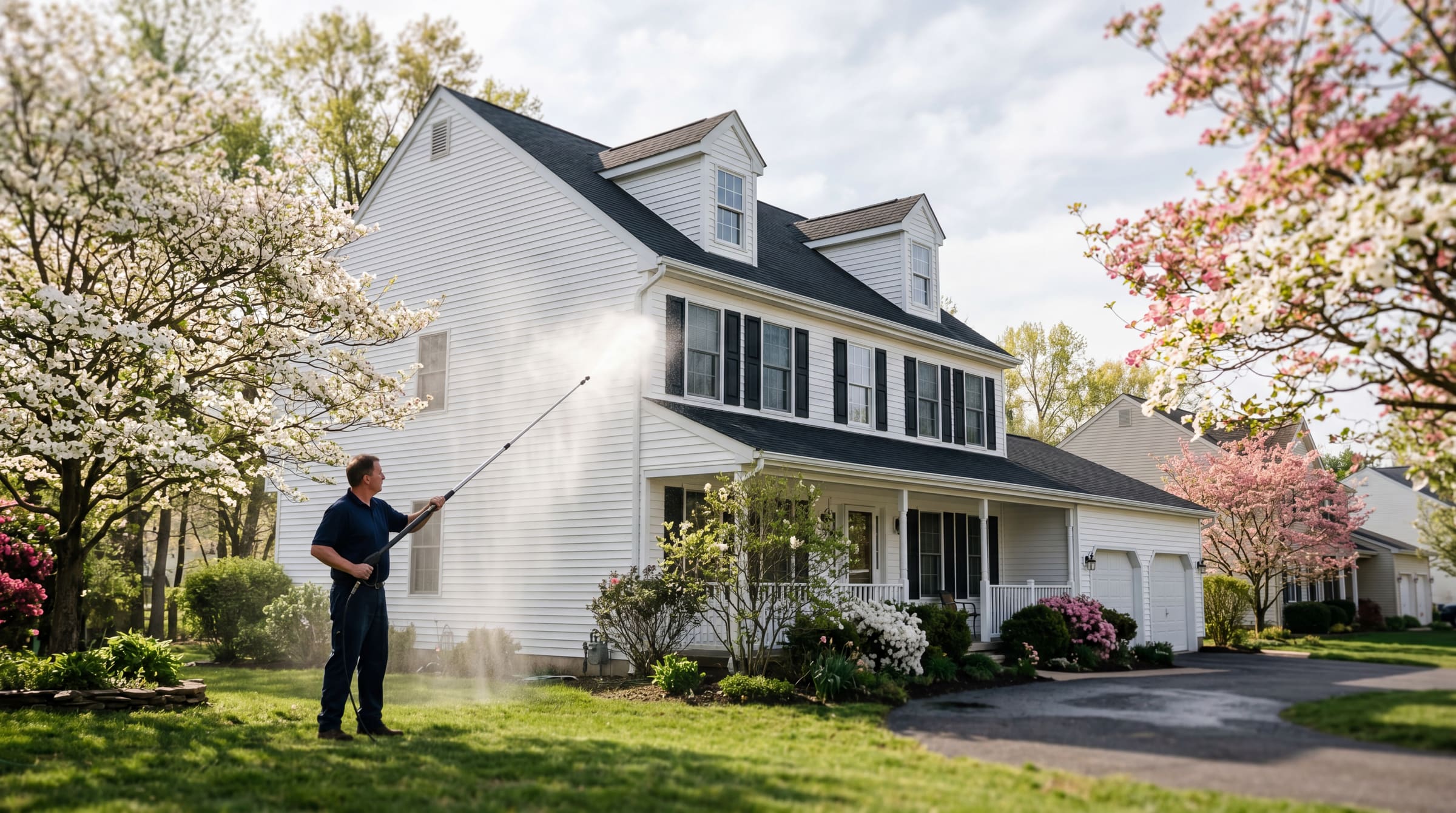 South Jersey colonial home being soft-washed on a clear spring morning
