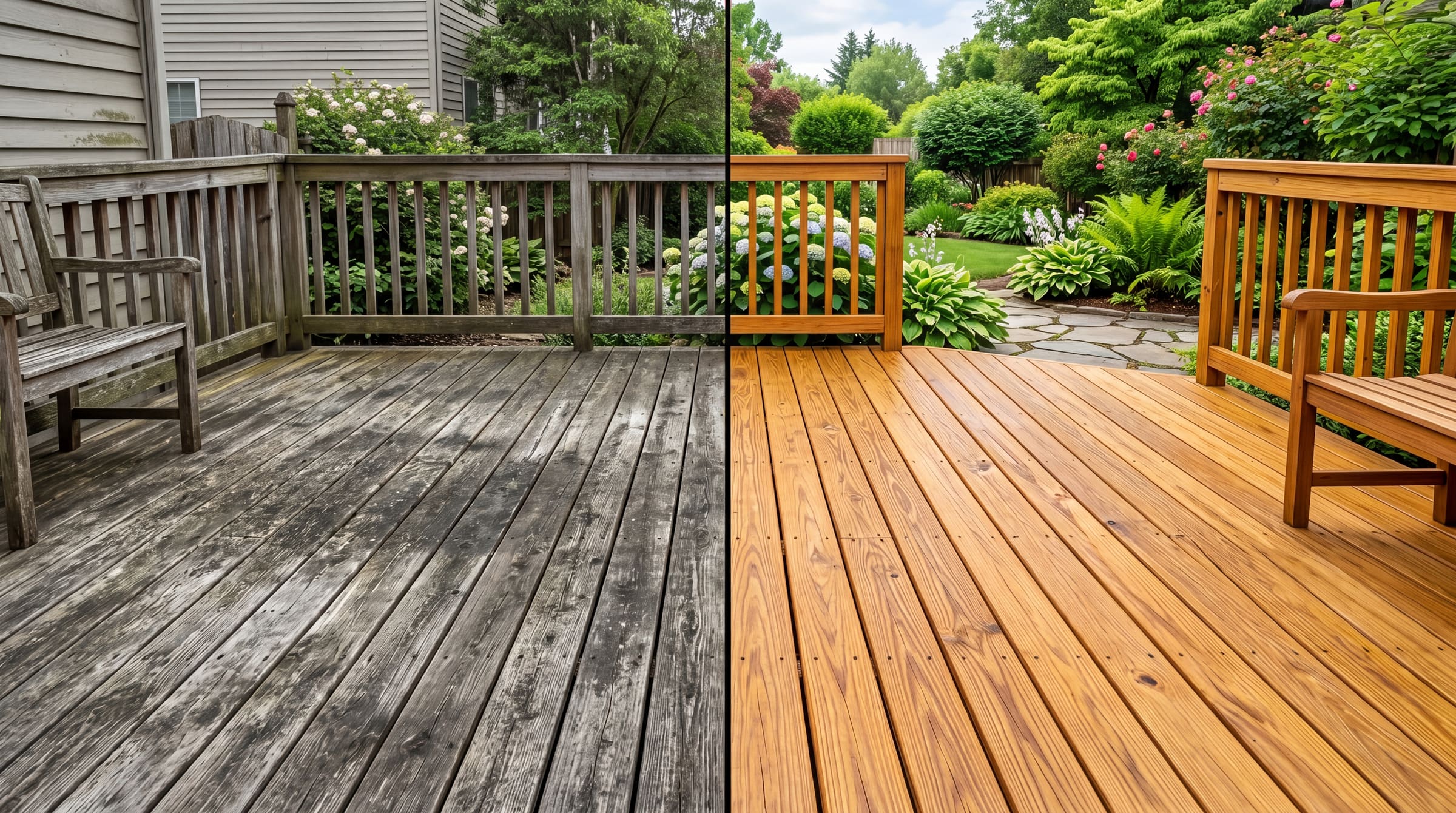 Wooden backyard deck restored to warm wood tone