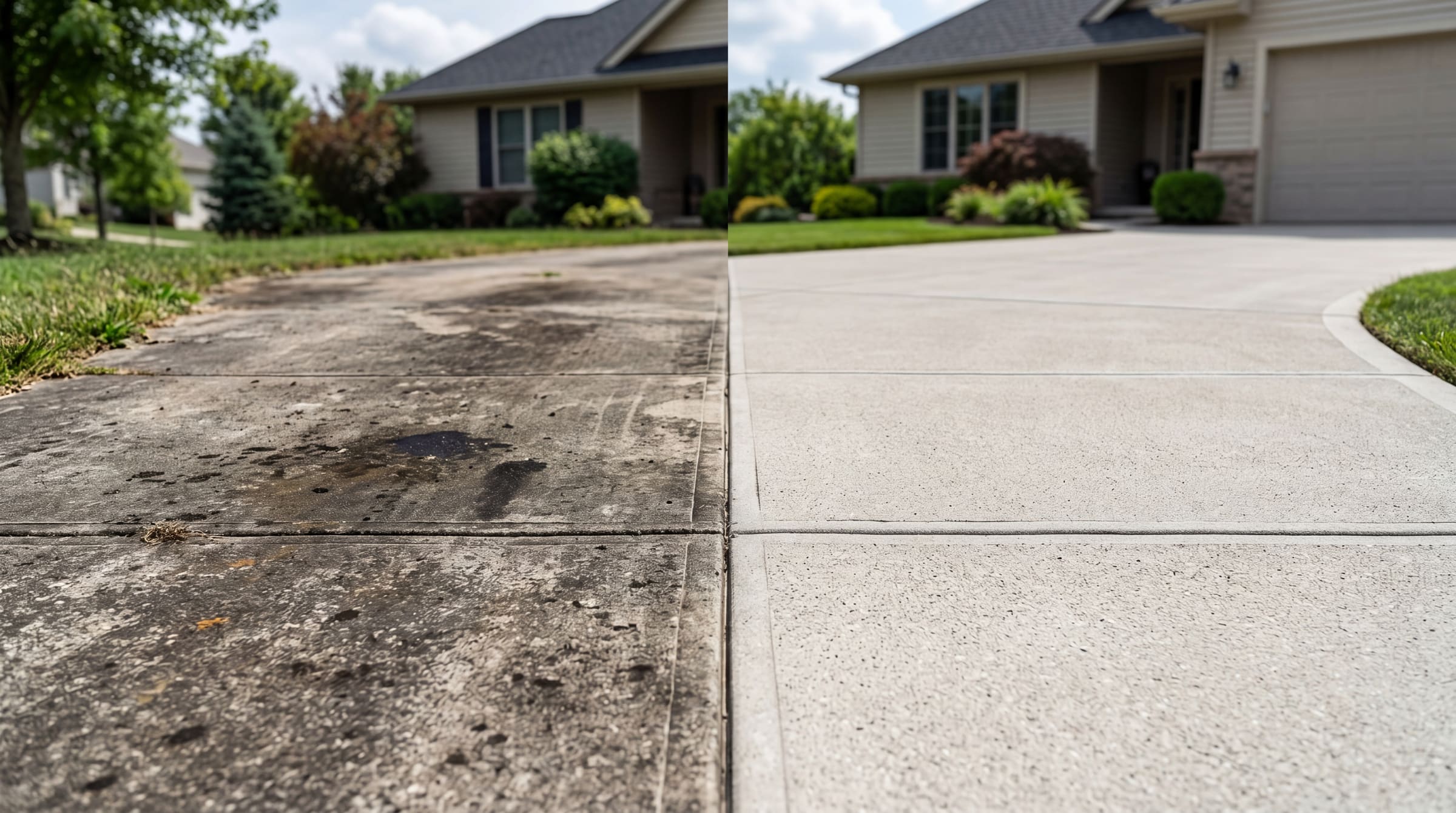 Concrete driveway before and after split with oil stains lifted
