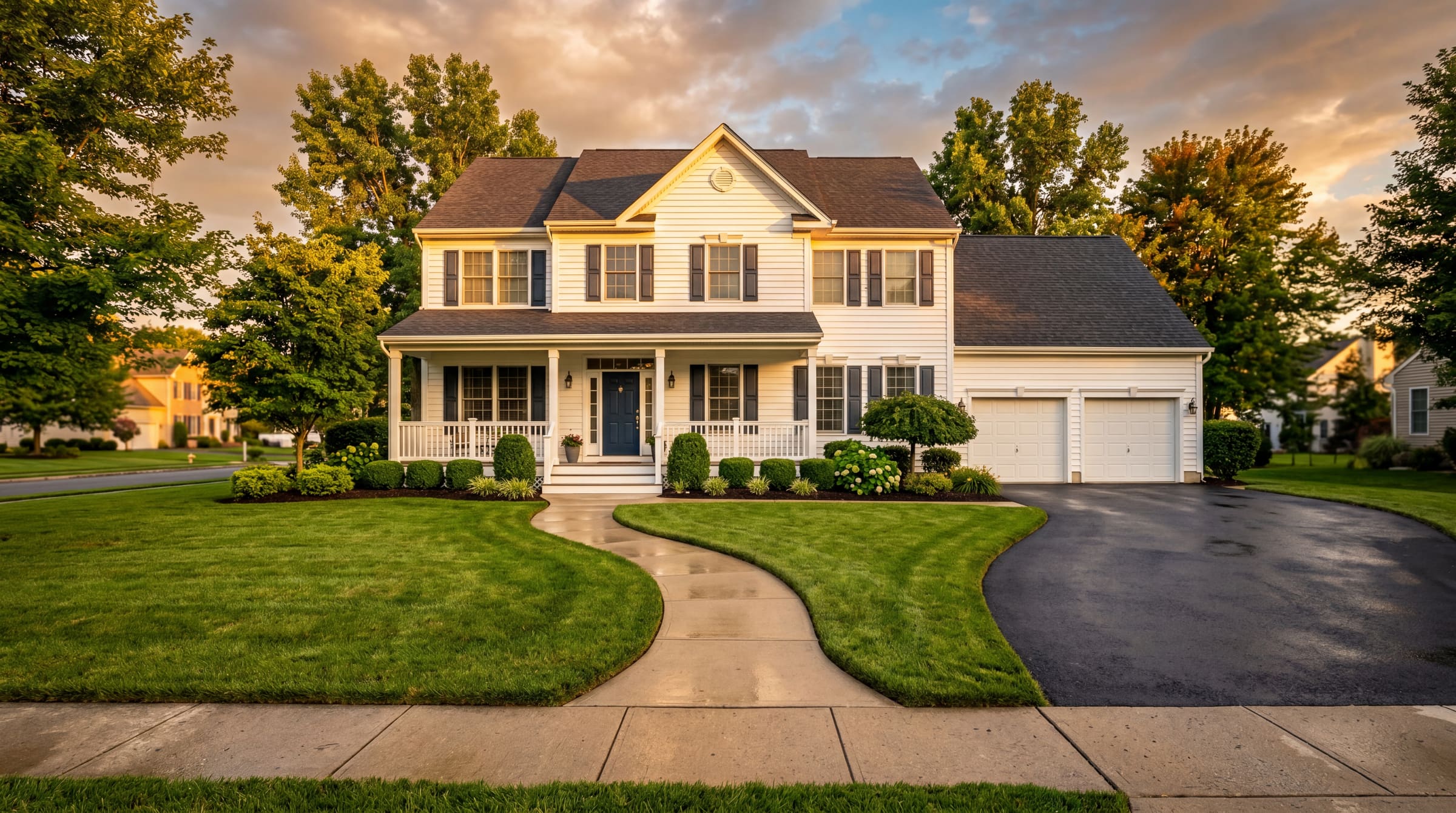South Jersey colonial home at golden hour after a complete pressure washing service