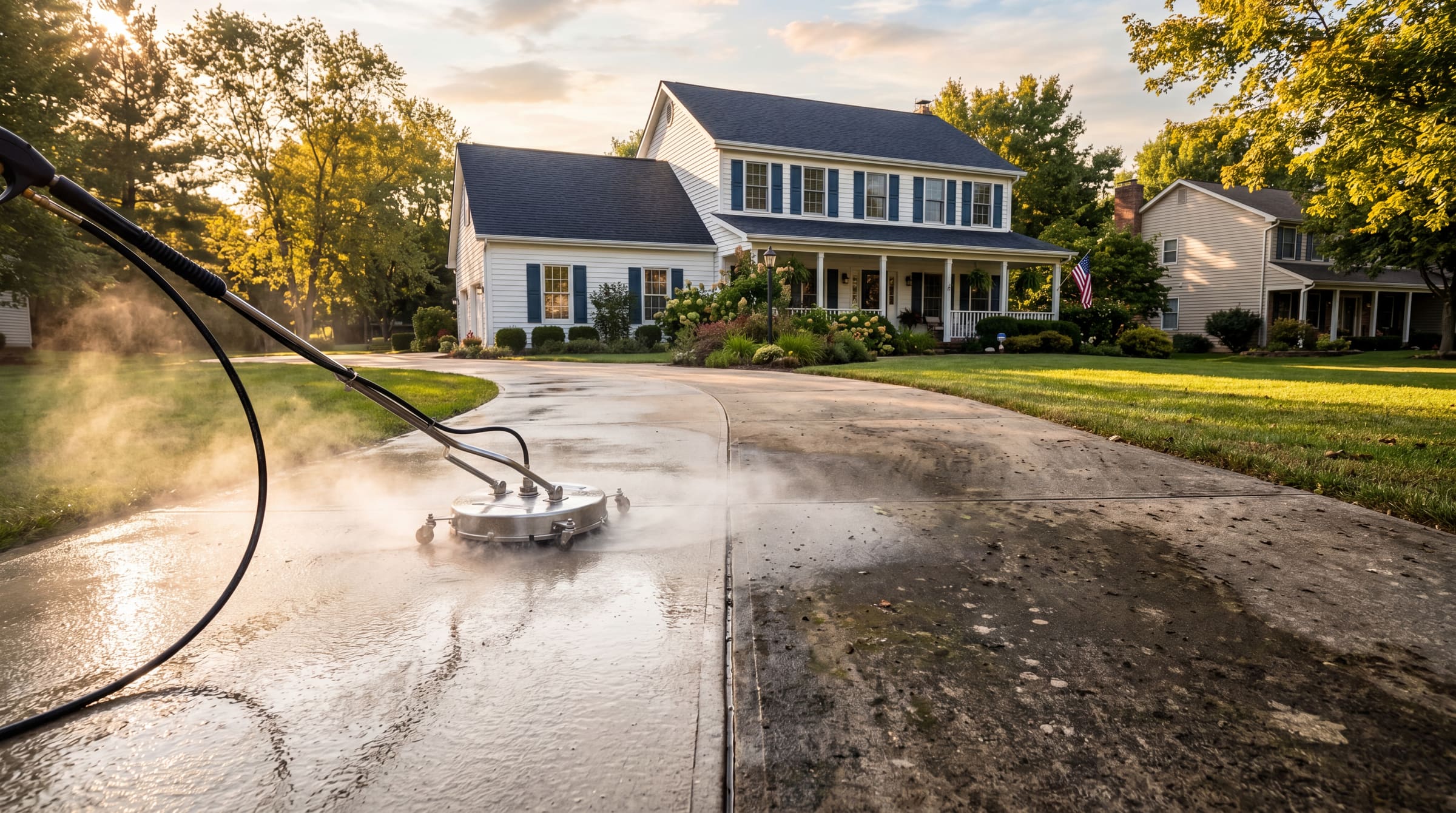 Concrete driveway being pressure washed by a surface cleaner